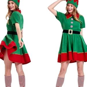 Festive Green and Red Elf Costume for Women